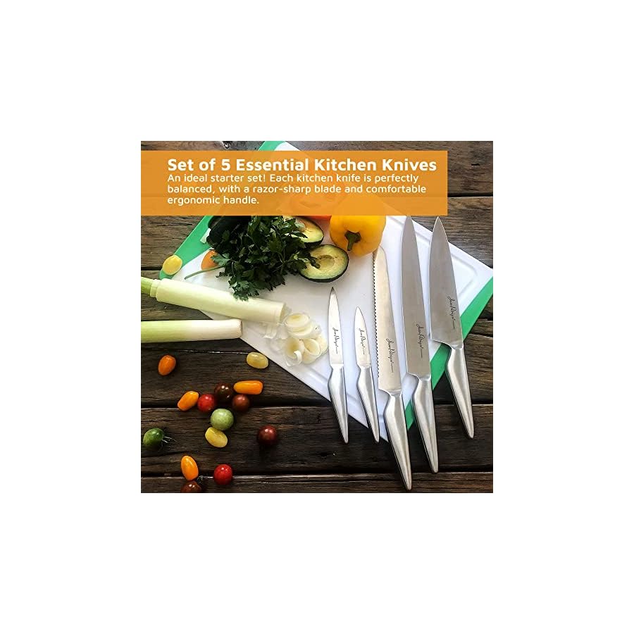Jean-Patrique Chopaholic Kitchen Knife Set - 5 Knives Set for Kitchen - Stainless Steel Kitchen Knives with Carving Knife, Bread Knife, Chefs Knife, Utility Knife, Paring Knife Set