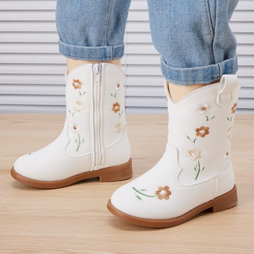 BMCiTYBM Toddler Girls Cowgirl Boots Little Kids Mid Calf Western Flower Cowboy Pointed Toe Riding Shoes All Season2