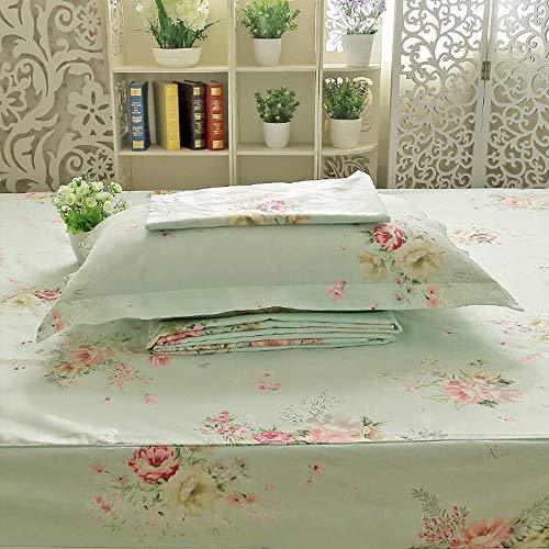 Usning Green Floral Bed Sheet Set, Extra Soft 100% Cotton, Vintage Flower Printed, Floral Sheet And Pillowcase 4-Piece Queen Size #TOP2