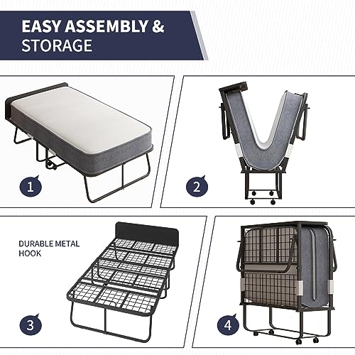 ijuicy Folding Bed with 5\" Mattress for Adults, 75\" x 31\"Rollaway Bed with Storage Cover, High Rebound Foam Filling, Steel Frame Folding Bed with 4 Movable and Lockable Wheels, Grey - Thumbnail 3