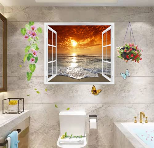 Thnwsy Self-Adhesive Wall Sticker Romantic Living Room Bedroom Study Office Decorative Wall Sticker Ocean Scenery Fake Window Sticker Mural (36"×48", Sunset Beach) #TOP1