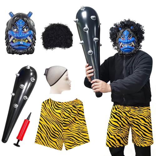 SISP 節分 鬼 コスプレ 衣装 大人 【 リアル 鬼のお面 付き 】 豪華6点 フルセット 鬼のパンツ (トラ柄) こん棒 ウィッグ 豆まき 仮装 グッズ 男女兼用 フリーサイズ なまはげ 幼稚園 保育園 イベント（青鬼）の画像