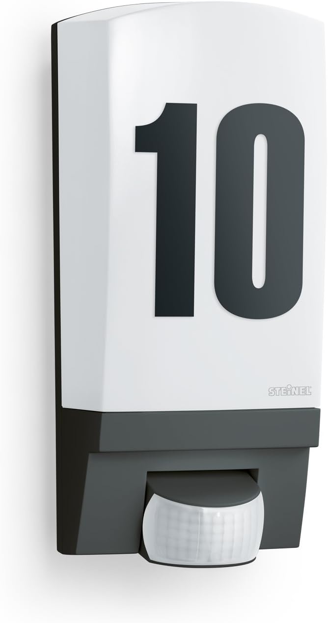 SteinelHouse Number Light L 1 S Black, E27 - max. 60 Watts Outdoor Wall Light with 180° Motion Sensor 10 m Range - Number Plaque Light for Front Door