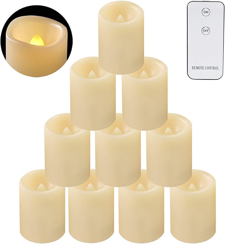 Eldnacele Flameless Flickering Votive Candles, Battery Operated Candle Light with Remote, Outdoor/Indoor Use CR2450 Long Lasting Battery Life Warm White D1.5 x H2, Set of 10 Ivory