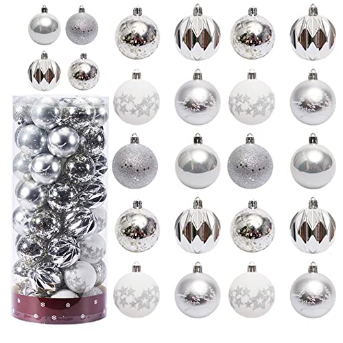ZYDNANYANG 6 cm, 50 bolas de Navidad, irrompibles, pintadas, para decoración del árbol de Navidad, para vacaciones, bodas, decoración de Navidad, 60 mm (plata y blanco) Cover