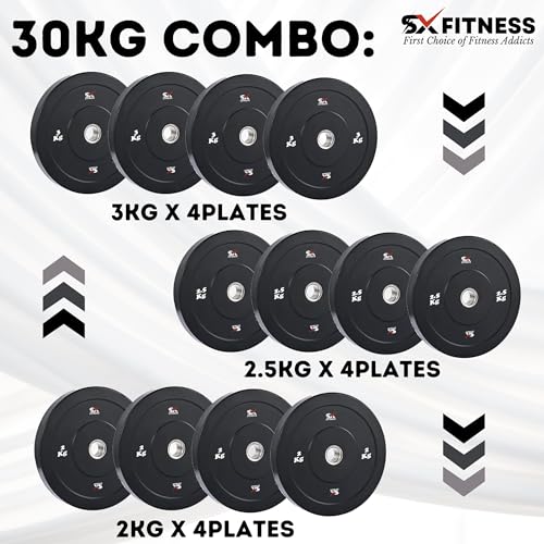Image of 30Kg (3Kg x 4 + 2.5Kg x 4 + 2Kg x 4) Rubber Plates Combo with 3ft Curl Rod, Dumbbell Rod, Skipping Rope, Hand Gripper & Gloves - Complete Workout Set!