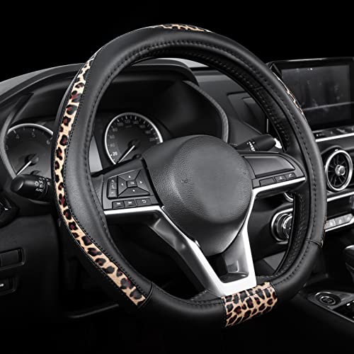 Road Comforts Steering Wheel Cover - Flat Bottom Wheel Cover Made with PVC Leather and Leopard Fabric - Universal Fit for 15-Inch D-Shaped Automotive Steering Wheels (Black Color)