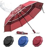 BANANA Compact Travel Rain Umbrella - Folding Windproof Durable Portable Travel Size Umbrellas Auto Close/Open Double Canopy Vented with Teflon Coating Collapsible Lightweight Unbrella for Women(Red)