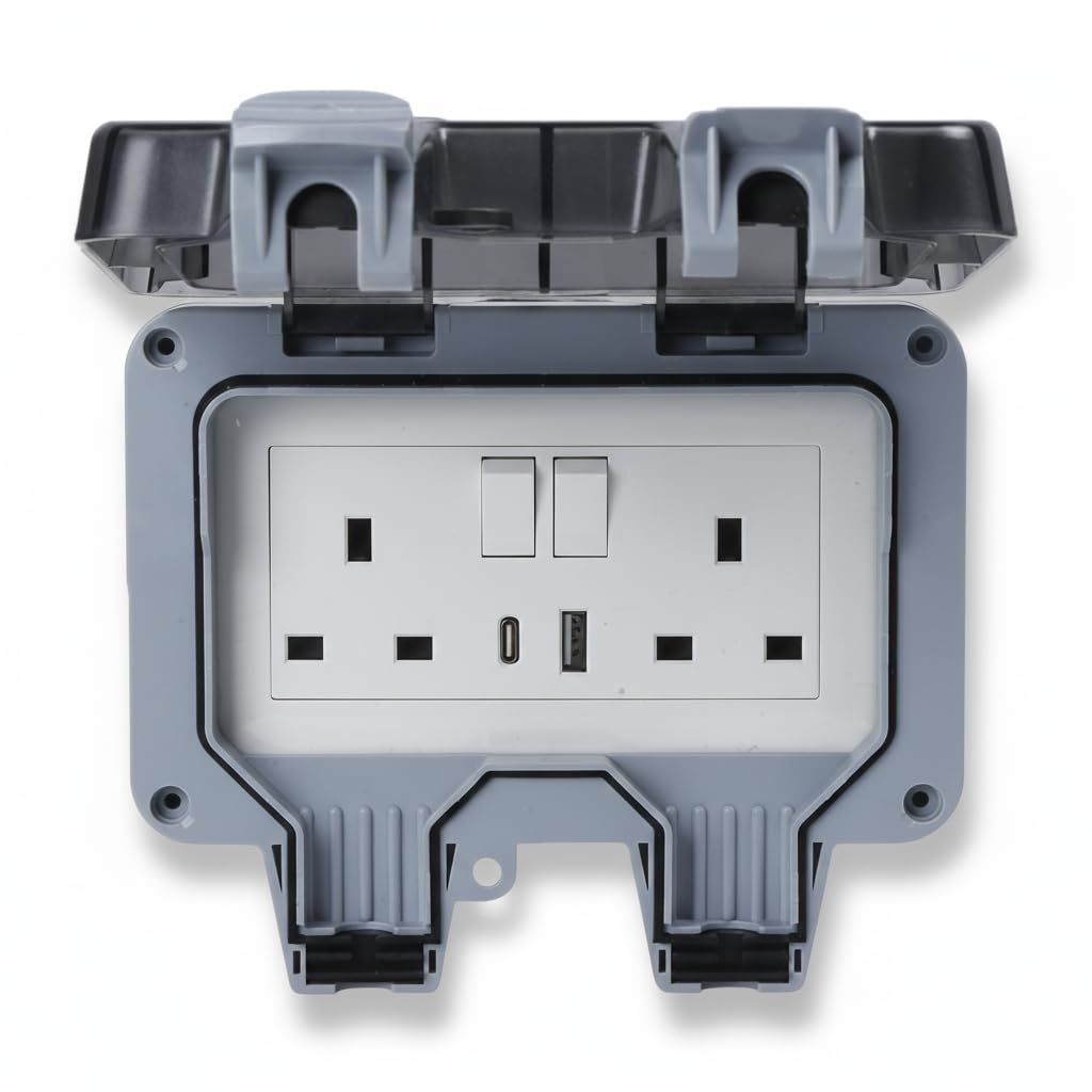 KasaBona Outdoor Weatherproof Switched 1 Gang Socket – IP66 Waterproof 13A 250V Power Outlet with USB-A & USB-C Fast Charging, Heavy Duty ABS Wall Socket for Garden & Workshop Use (2 Gang Socket)