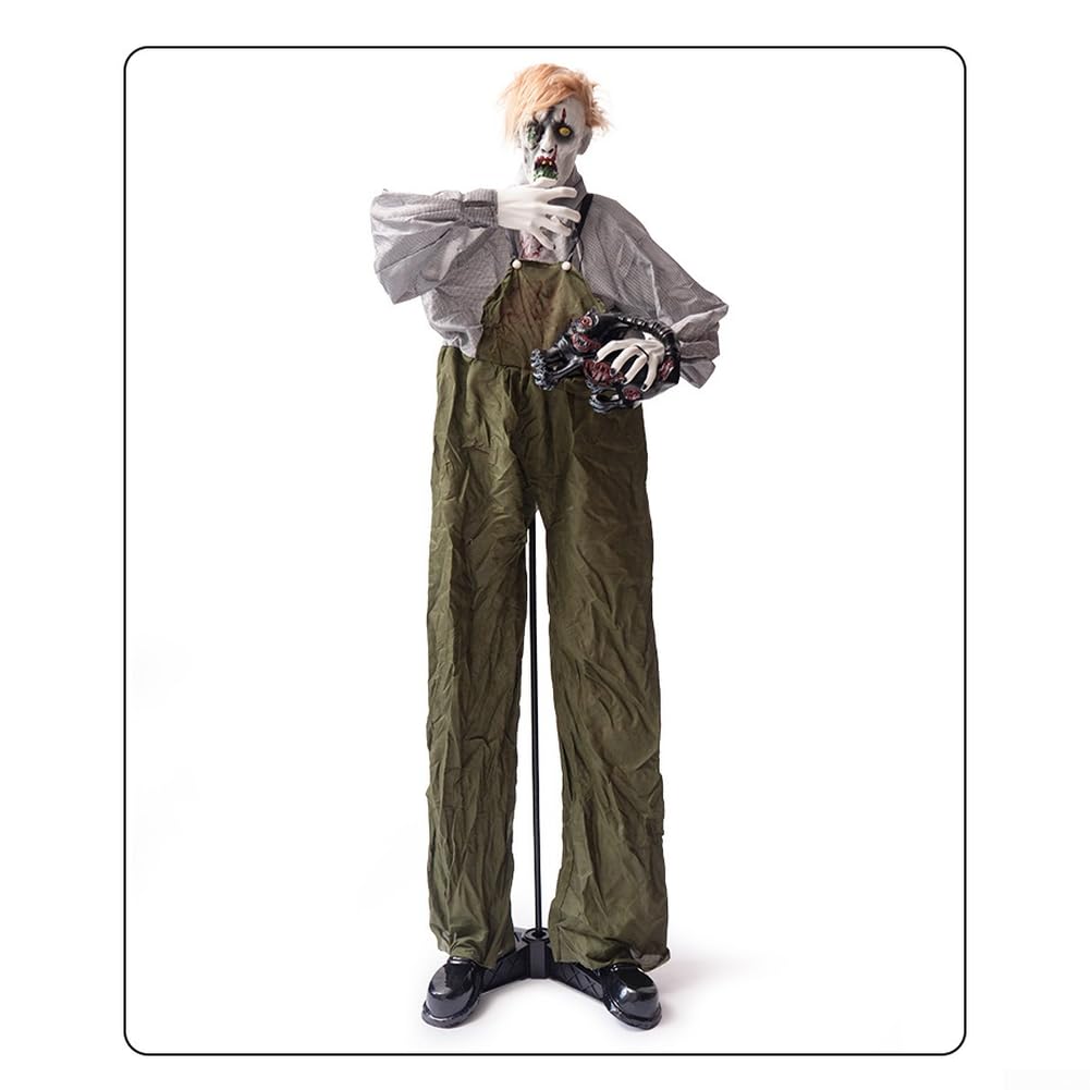 Zombi animado de Halloween con sensor de movimiento, figura de terror de cabeza giratoria de 190 cm de alto, ojos brillantes y efectos de sonido espeluznantes, tamaño real para decoración de patio al