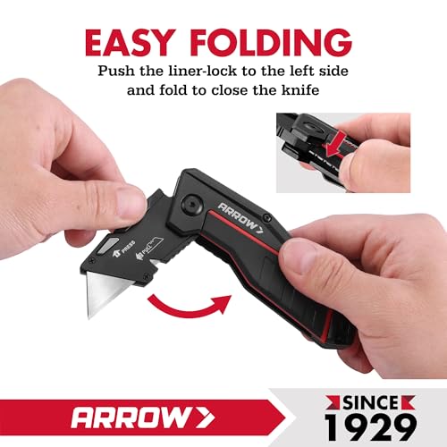 Image of ARROW Folding Utility Knife, Quick-Change Box Cutter with Belt Clip, Liner Lock, Heavy Duty Aluminum Razor Knife with Comfortable Handle, 10 Extra SK2 Blades Included (Pack of 2)
