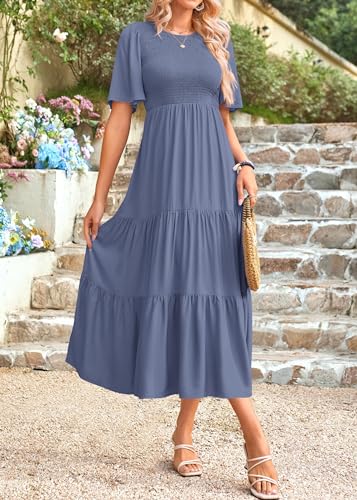 Image of KIRUNDO Summer Dresses for Women 2026 Spring Casual Flutter Short Sleeve Wedding Guest Smocked Flowy Tiered Aline Midi Dress