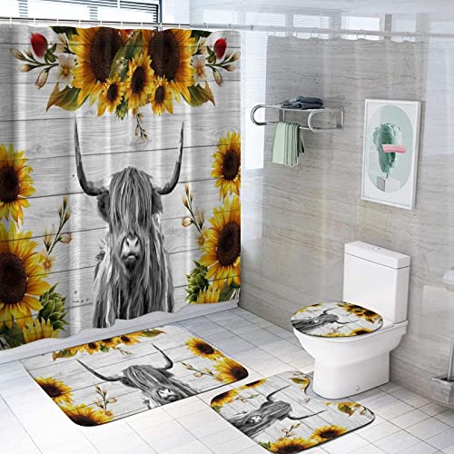 4 Pcs Highland Cow Shower Curtain Set, Funny Sunflower Highland Cow Bathroom Decor Shower Curtain With Non Slip Bathroom Rugs Contour Floor Mat Toilet Lid Cover Decor Accessories For Bath Room #TOP5