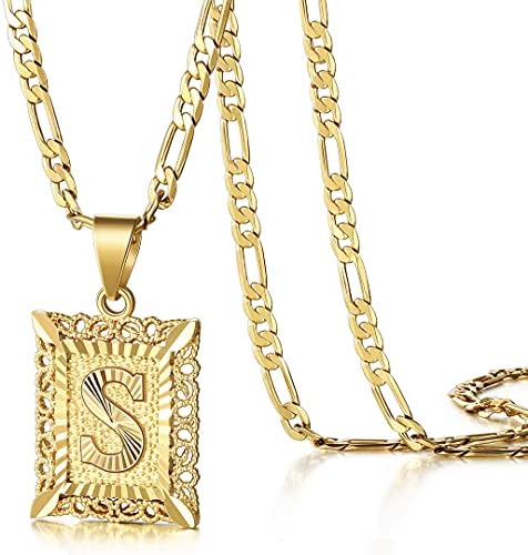 KissYan Initial Letter Pendant Necklace for Men Womens, 18K Gold Plated Square Capital Monogram Necklace Alhpabets from A-Z Figaro Chain Necklace