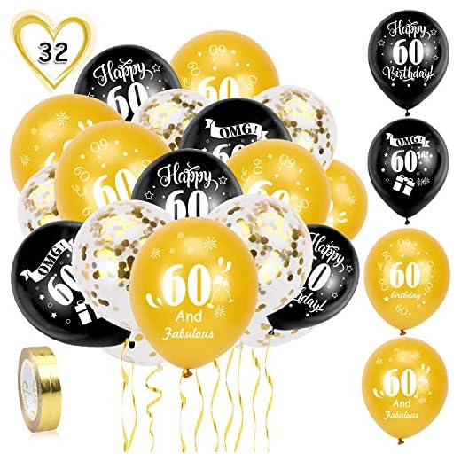 HOWAF Globos de cumpleaños, 30 Piezas 60 años cumpleaños Globos de Latex, Negro y Oro Globos de Confeti y 2 Cintas para Hombres y Mujeres Fiestas de 60 cumpleaños decoración Suministros