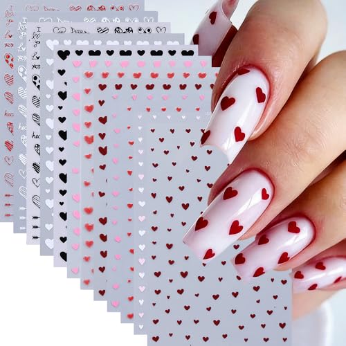 Heart Nail Art Stickers Decals 12 Sheets Red Black Hearts Valentines Nail Decals Glitter Small Big Love Heart Letter Self-Adhesive Designs Manicure Decoration Nail Accessories for Women