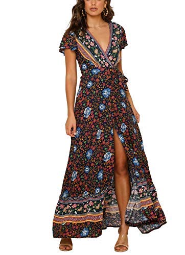 ZESICA Women's 2025 Bohemian Floral Printed Wrap V Neck Short Sleeve Split Beach Party Maxi Dress,Navy,X-Large