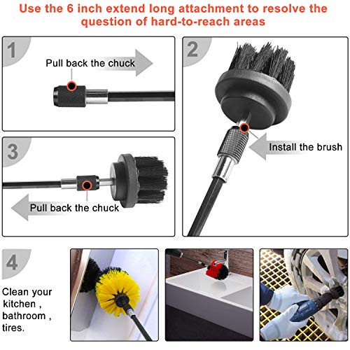 BYGD 26 Pieces Drill Brush Set Scrub Pads & Sponge, Drifferent Size Power Scrubber Brush with Extend Long Attachment All Purpose Clean for Car, Grout, Tiles, Sinks, Bathtub, Bathroom, Kitchen