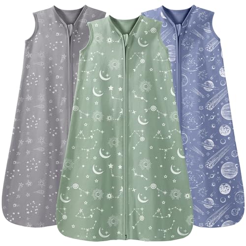 Unnivoll Baby Sleeping Bag Newborn 0.5 Tog Sleep Sack 3 Pack 100% Cotton Baby Wearable Blanket for Boy Girl Toddler 6-12 Months Gray Green Constellation