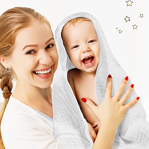 4 Pack Muslin Baby Hooded Bath Towel 32 X 32 Inch Extra Soft And Absorbent Baby Bath Towel With 4 Washcloths 6 Layers Cotton Infant Muslin Blanket For Babies, Newborn, Infant Essential For Boys Girls #TOP4