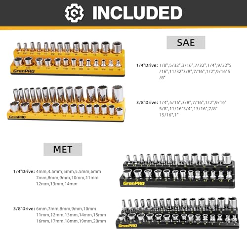 Image of Socket Organizer, Magnetic Socket Holder Set, 4 Piece SAE & Metric Socket Trays Includes 1 /4 inch, 3 /8 inch Drive Holds 108 Sockets