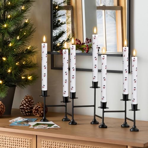Image of GenSwin Christmas Taper Candles with Snowman Decals, 4 Pack LED Taper Candles with Timer, Real Wax Flickering LED Flickering Flameless Candlesticks with Christmas Prints for Home Decor(0.78 inch x 9.6 inch)