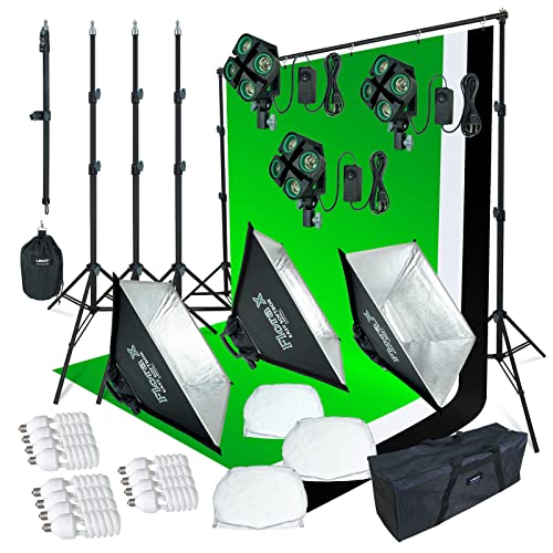 Linco Lincostore 2000 Watt Photo Studio Lighting Kit With 3 Color Muslin Backdrop Stand Photography Flora X Fluorescent 4-Socket Light Bank And Auto Pop-Up Softbox - Only Takes 3 Seconds To Set-Up #TOP1