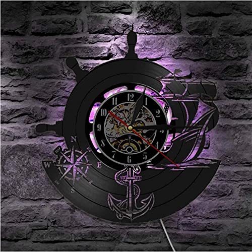 Disque Vinyle Horloge Murale Boussole Navale et veilleuse LED