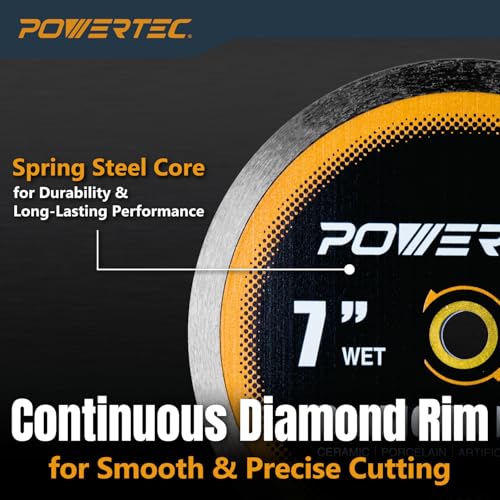 Image of POWERTEC 7 inch Continuous Rim Diamond Saw Blade for Wet Tile Saw, Diamond Blade for Cutting Ceramic, Porcelain, Natural Stone Tile, Wet Cutting Only 7 inch Diamond Blades, 1 Pack (14008)