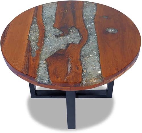 Miniatura 3 de Mesa auxiliar de madera, madera de teca maciza y poliresina, mesa auxiliar para sala de estar, hogar, oficina, 15.7 x 17.7 pulgadas