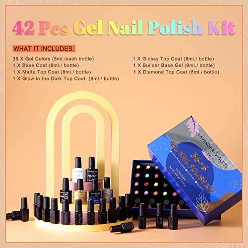 Lavender Violets 42 Pcs Gel Nail Polish Set, Gel Nail Kit With 36 Gel Polish Colors Coat, 6 Bottles Of Base Top Coat, Glossy Matte Diamond Shine Glow In The Dark Top Coat For Nail Art C950 #TOP4