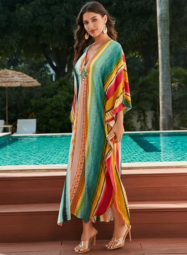 Image of Yanziliu Kaftan Dress for Women,Plus Size Hawaiian Batwing Sleeve Beach Cover Up Summer Swimsuit Dresses