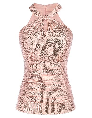 GRACE KARIN Pailletten-Tops für Damen, elegante Neckholder-Tops, funkelnd, Tank, schimmernd, Party, Club, Cocktail, schmale Passform, gerüschte...