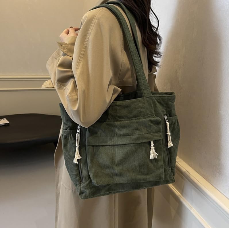 Bolsa Tote de pana para mujer, gran capacidad, verde miniatura 2