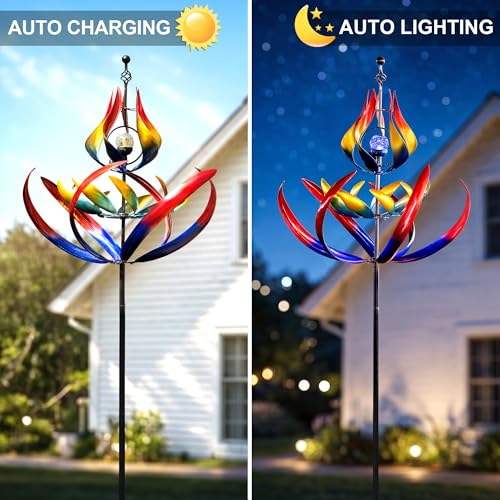 Image of 107 inch Large Solar Wind Spinner Outdoor Metal - 3-Tier Kinetic Wind Sculptures with LED Glass Ball Light, Multi-Color Tulip Windmills for Yard Garden Decor, Patio Porch Lawn Ornament Gardening Gifts