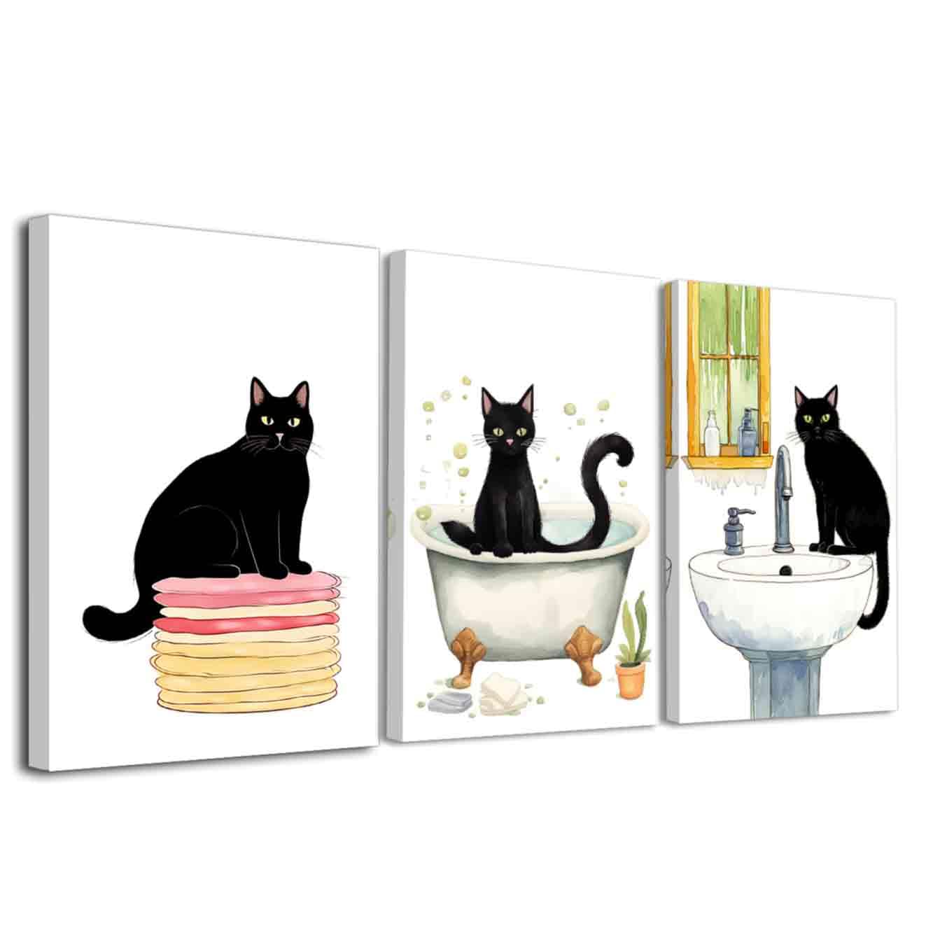LZIMU Set of 3 Black Cat Bathroom Pictures Wall Art Funny Cat on Toilet Painting Cute Animal in Bathtub Canvas Prints Vintage Poster for Restroom Decor Framed (White, (24x36inchx3 Pieces))