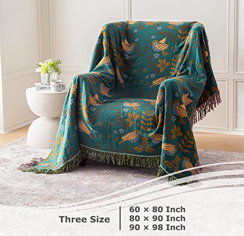 Boho Throw Blanket For Bed - 100% Cotton Ultra Soft Rustic Quilt - Bird Floral Printed Farmhouse Decor Bed Blankets,80"×90" All Season Rustic Throw For Sofa Couch Chair #TOP4