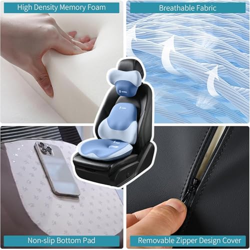 Image of FLORICH Seat Cushion and Lumbar Support Pillow for Office Chair Car Neck Headrest Pillow Memory Foam Seat Pads Pressure Relief Back Cushion and Carseat Pads(Blue)