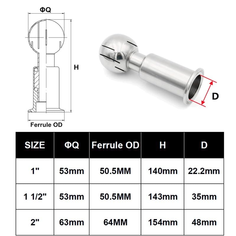 Rotary Spray Cleaning Ball 304 Stainless Steel Rotary Spray Ball Tri Clamp 1-2 in 360 Degree Coverage CIP Fitting(2 in)