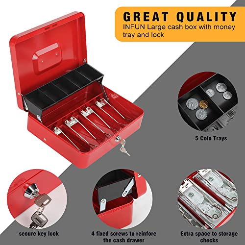Sgorlds Large Locking Cash Box With Removable Coin Tray, Safe Metal Mony Lock Box With Key, Tired Locking Cash Boxes 4 Bill / 5 Coin Slots, Large 11.8L X 9.5W X 3.5H Inches (Key, Light Red) #TOP6