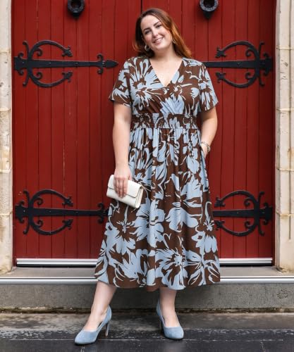Image of CARCOS Plus Size Dresses for Curvy Women V Neck Summer Maxi Dress Short Sleeve Floral Boho Dress Smocked Waist Beach Dress
