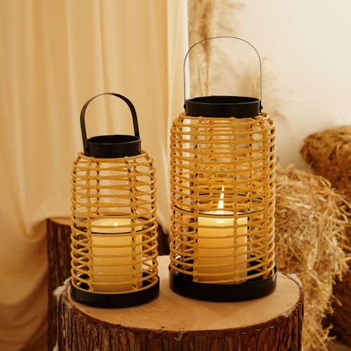 VIVIRENOIR Boho Rattan Lanterns Handwoven Plastic Candle Lantern Farmhouse Table Centerpiece, Patio & Porch Outdoor Decor, Living Room, Dining Room, Entryway Rustic Home Decor