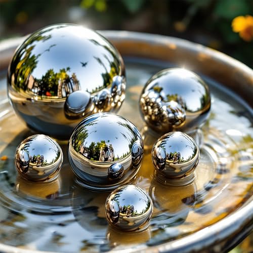 Spetebo Edelstahl Dekokugel Silber glänzend für Zierbrunnen in 3 Größen 2cm bis 6 cm - 6er Set - Metall Hohlkugel für Dekobrunnen - Garten Deko Kugel Metallkugel Gartenkugel Teichkugel Schwimmkugel