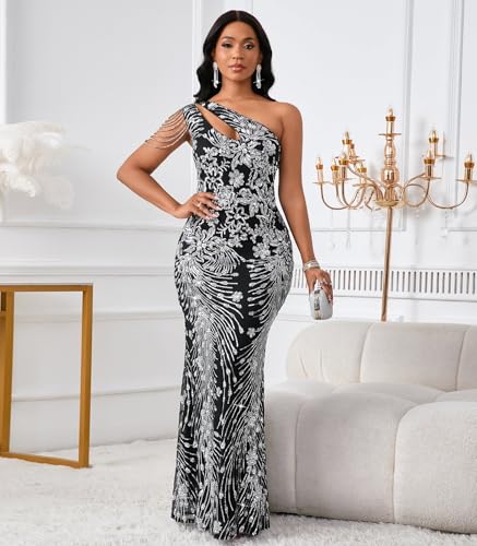 Image of Cololura Women Sequin Elegant Sexy One Shoulder Tassel Mermaid Bodycon Cocktail Evening Dress