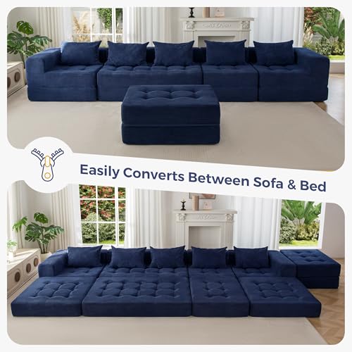 Image of MAXYOYO Modular Sectional Sofa Couch, Foldable U Shaped Cloud Couch with Pillows, Tufted 6-Seat Boneless Lounger Floor Sofa Bed for Living Room, No Assembly Required, Navy