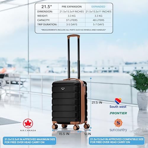 Carry On Suitcase Hardside TSA Lock & USB Port Silent Double Spinner Wheels Maximum Carry-On Bag For Canada Air Approved Airlines( 21.5x15.5x9" ,Black/Tan )3