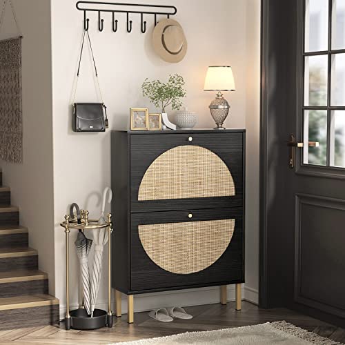 Angel Sar Rattan Shoe Cabinet with 2 Flip Drawers, Narrow Shoe Storage Cabinet for Entryway, Bedroom, Living Room, Apartment, Black Angel Sar Rattan Shoe Cabinet with 2 Flip Drawers, Narrow Shoe Storage Cabinet for Entryway, Bedroom, Living Room, Apartment, Black