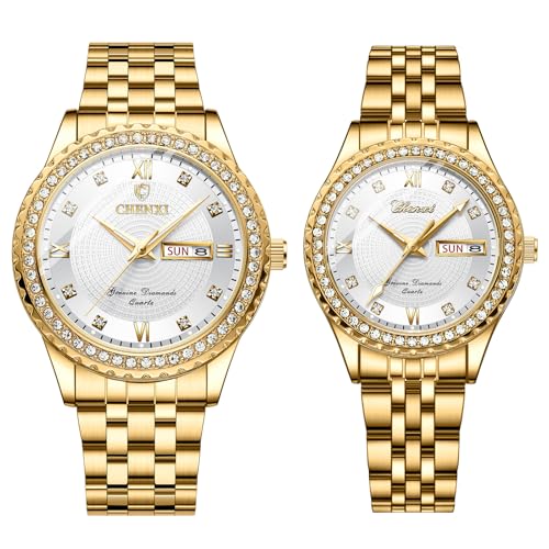 Image of JewelryWe Couple Gold Quartz Watch: Business Analog Full Diamond Day Date 3ATM Waterproof Luminous Hands Stainless Steel Removable Strap Casual Wrist Watch for Father's Day