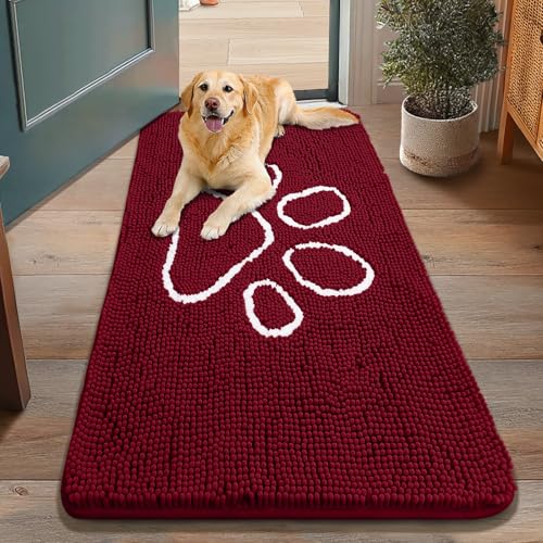 Image of Smiry Dog Door Mat for Muddy Paws, Absorbent Dirt Trapper Non Slip Quick Dry Washable Chenille Mat for Mud Dogs, Entry Rug for Indoor and Outdoor (48x30 Inches, Burgundy and White)