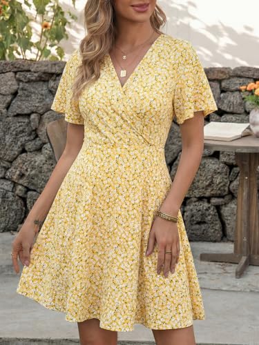 Cicy Bell Damen Sommerkleid Kurzarm Blumenmuster Kleider Gelb XL – Ansicht 2